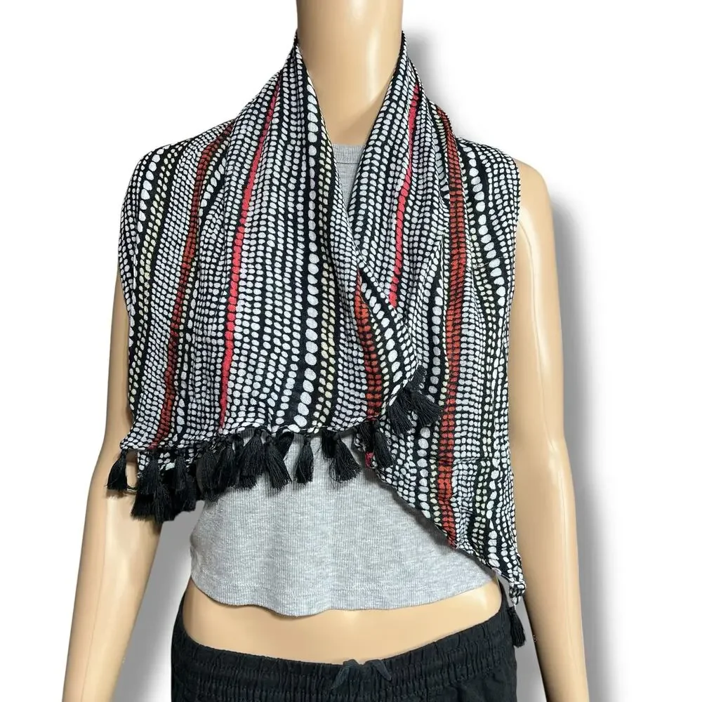 Womens Infinity Scarf with Tassels Black White Red Lightweight and Soft